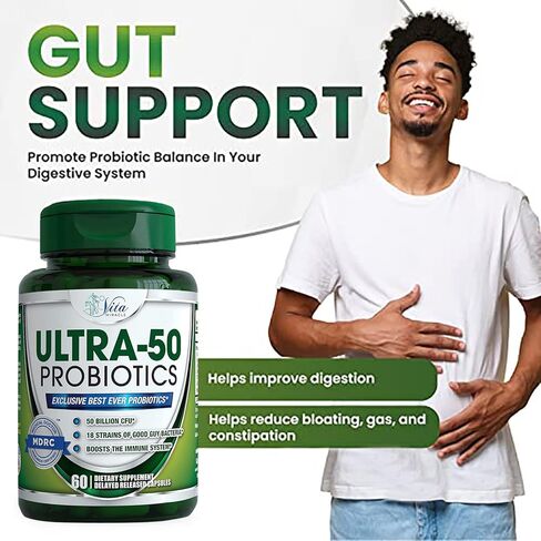 البروبيوتيك 50 مليار مع البريبايوتكس - للنساء والرجال، 18 سلالة حاصلة على براءة اختراع، مكمل بروبيوتيك ثابت لتأخر الإطلاق لصحة الجهاز الهضمي، القولون العصبي والانتفاخ in Kuwait