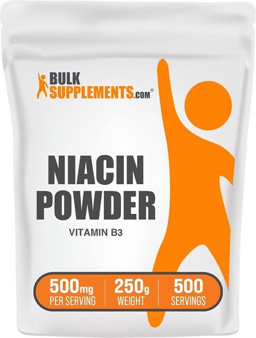 BULKSUPPLEMENTS.COM مسحوق النياسين - مكمل فيتامين ب3، النياسين 500 مجم - مسحوق نياسين فلوش، النياسين مع التنظيف - خالي من الغلوتين، 500 مجم من فيتامين ب3 نياسين لكل وجبة، 250 جم (8.8 أونصة) in Kuwait