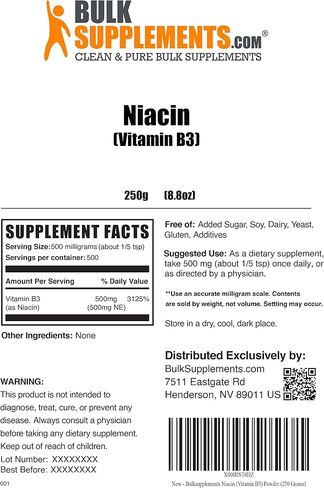 BULKSUPPLEMENTS.COM مسحوق النياسين - مكمل فيتامين ب3، النياسين 500 مجم - مسحوق نياسين فلوش، النياسين مع التنظيف - خالي من الغلوتين، 500 مجم من فيتامين ب3 نياسين لكل وجبة، 250 جم (8.8 أونصة) in Kuwait