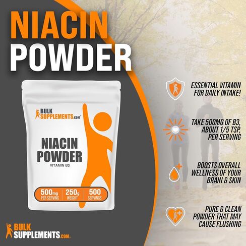 BULKSUPPLEMENTS.COM مسحوق النياسين - مكمل فيتامين ب3، النياسين 500 مجم - مسحوق نياسين فلوش، النياسين مع التنظيف - خالي من الغلوتين، 500 مجم من فيتامين ب3 نياسين لكل وجبة، 250 جم (8.8 أونصة) in Kuwait