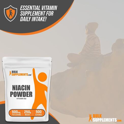 BULKSUPPLEMENTS.COM مسحوق النياسين - مكمل فيتامين ب3، النياسين 500 مجم - مسحوق نياسين فلوش، النياسين مع التنظيف - خالي من الغلوتين، 500 مجم من فيتامين ب3 نياسين لكل وجبة، 250 جم (8.8 أونصة) in Kuwait