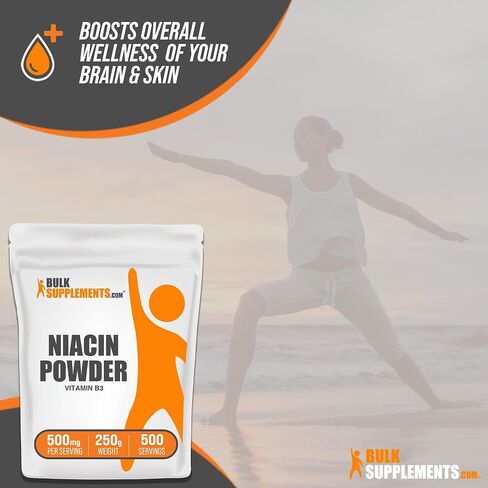 BULKSUPPLEMENTS.COM مسحوق النياسين - مكمل فيتامين ب3، النياسين 500 مجم - مسحوق نياسين فلوش، النياسين مع التنظيف - خالي من الغلوتين، 500 مجم من فيتامين ب3 نياسين لكل وجبة، 250 جم (8.8 أونصة) in Kuwait