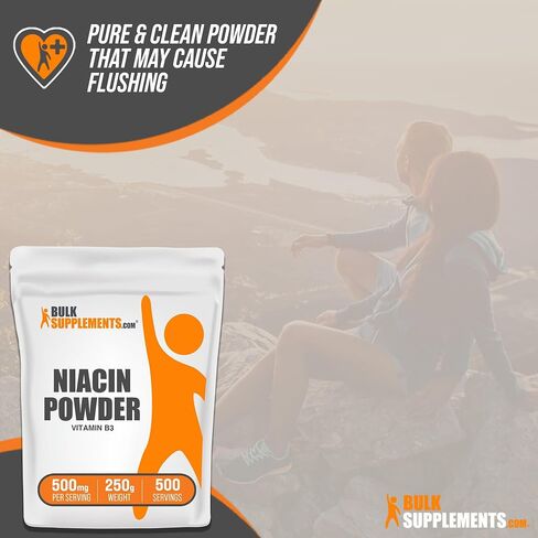 BULKSUPPLEMENTS.COM مسحوق النياسين - مكمل فيتامين ب3، النياسين 500 مجم - مسحوق نياسين فلوش، النياسين مع التنظيف - خالي من الغلوتين، 500 مجم من فيتامين ب3 نياسين لكل وجبة، 250 جم (8.8 أونصة) in Kuwait