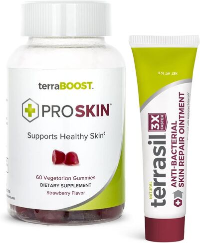 مرهم تيراسيل لإصلاح البشرة وعلكة تيرابوست بروسكين - مكون من مكونات طبيعية - مثالي لدعم صحة البشرة - مجموعة من المنتجات (أنبوب 14 جم + 60 علكة فراولة صديقة للنباتيين) in Kuwait
