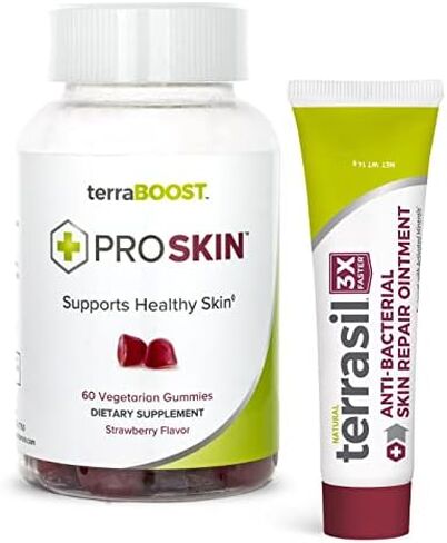 مرهم تيراسيل لإصلاح البشرة وعلكة تيرابوست بروسكين - مكون من مكونات طبيعية - مثالي لدعم صحة البشرة - مجموعة من المنتجات (أنبوب 14 جم + 60 علكة فراولة صديقة للنباتيين) in Kuwait