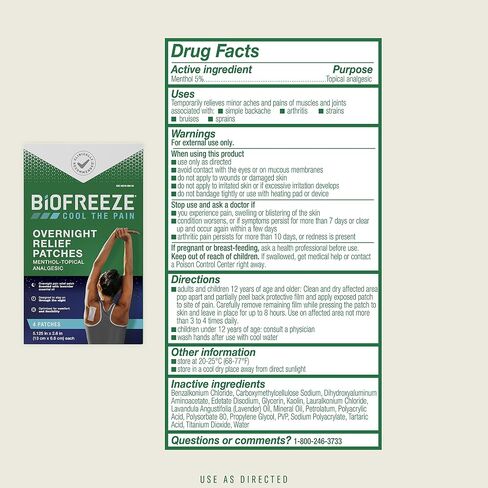 Biofreeze Menthol Overnight Pain Relief Patches (4 Per Box) -Topical Analgesic Pain Relief for Sore Muscles, Arthritis, Backache, Strains, Bruises, Sprains and Joint Pain (Package May Vary) in Kuwait