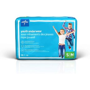 Medline Youth Disposable Protective Underwear, S/M Size for 40-70 lbs, Leakproof & Absorbent, Comfortable with Odor Control, Easy to Wear, 60 Count (4 Packs of 15)