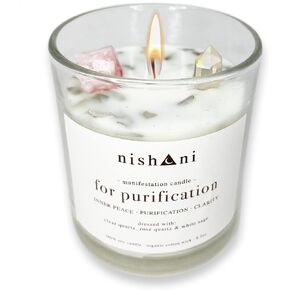 White Sage Smudge Manifestation Candle for Purification - Inner Peace - Clarity - Cleansing | with Rose Quartz and Clear Quartz Crystals | 100% Natural Soy - Organic Cotton Wick | 8.5oz | Great Gift in Saudi Arabia