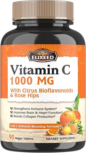 Elixeed Vitamin C, 1000 mg Vitamin C with Citrus Bioflavonoids, Rose Hip, Echinacea & Turmeric, Immune Support, Non-GMO, Powerful Antioxidants, No Gluten, 90 ct in Kuwait