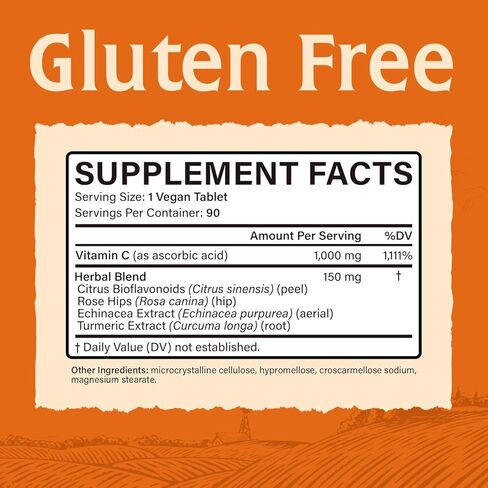 Elixeed Vitamin C, 1000 mg Vitamin C with Citrus Bioflavonoids, Rose Hip, Echinacea & Turmeric, Immune Support, Non-GMO, Powerful Antioxidants, No Gluten, 90 ct in Kuwait