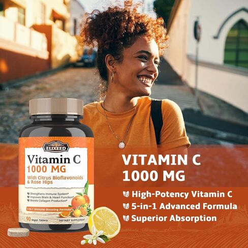 Elixeed Vitamin C, 1000 mg Vitamin C with Citrus Bioflavonoids, Rose Hip, Echinacea & Turmeric, Immune Support, Non-GMO, Powerful Antioxidants, No Gluten, 90 ct in Kuwait
