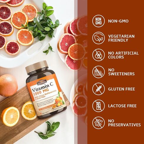 Elixeed Vitamin C, 1000 mg Vitamin C with Citrus Bioflavonoids, Rose Hip, Echinacea & Turmeric, Immune Support, Non-GMO, Powerful Antioxidants, No Gluten, 90 ct in Kuwait