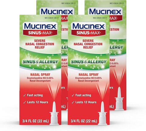 Mucinex Sinus-Max Nasal Spray for Sinus & Allergy, Fast-Acting & Fragrance Free, 12 Hour Severe Nasal Congestion Relief, 0.75 Fl Oz (Pack of 4) in Saudi Arabia