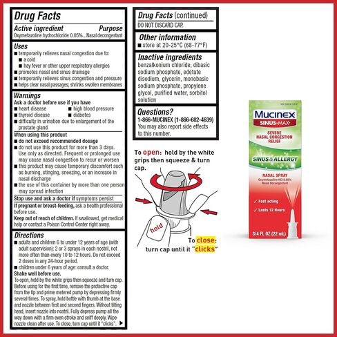 Mucinex Sinus-Max Nasal Spray for Sinus & Allergy, Fast-Acting & Fragrance Free, 12 Hour Severe Nasal Congestion Relief, 0.75 Fl Oz (Pack of 4) in Saudi Arabia