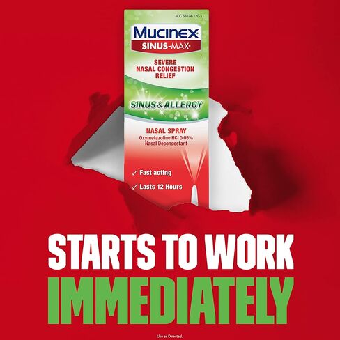Mucinex Sinus-Max Nasal Spray for Sinus & Allergy, Fast-Acting & Fragrance Free, 12 Hour Severe Nasal Congestion Relief, 0.75 Fl Oz (Pack of 4) in Saudi Arabia