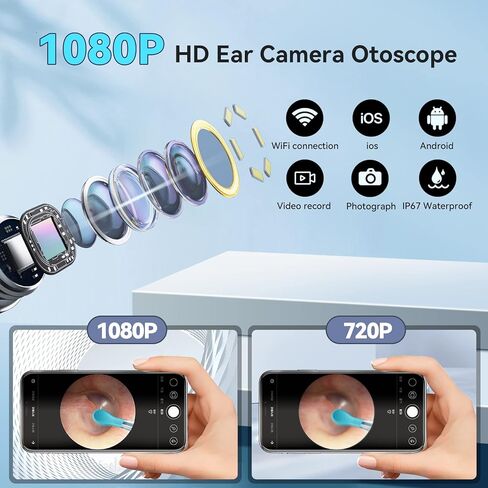 إزالة شمع الأذن - أداة إزالة شمع الأذن R1 مع كاميرا عالية الدقة 1080 بكسل و6 مصابيح LED - منظف الأذن اللاسلكي المدمج واي فاي - مجموعة إزالة شمع الأذن المتوافقة مع iPhone Android in Kuwait
