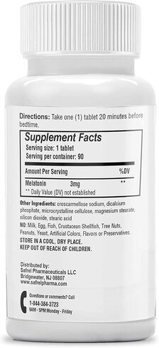 أقراص سافريل ميلاتونين 3 ملغ، تساعد على النوم الطبيعي النباتي، تساعدك على النوم بشكل أسرع والبقاء في النوم لفترة أطول، وتساعد على الأرق العرضي وتدعم النوم المريح، 90 قطعة in Kuwait