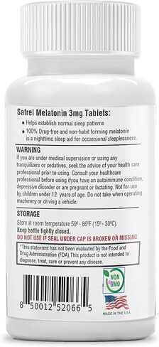 أقراص سافريل ميلاتونين 3 ملغ، تساعد على النوم الطبيعي النباتي، تساعدك على النوم بشكل أسرع والبقاء في النوم لفترة أطول، وتساعد على الأرق العرضي وتدعم النوم المريح، 90 قطعة in Kuwait