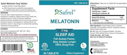 أقراص سافريل ميلاتونين 3 ملغ، تساعد على النوم الطبيعي النباتي، تساعدك على النوم بشكل أسرع والبقاء في النوم لفترة أطول، وتساعد على الأرق العرضي وتدعم النوم المريح، 90 قطعة in Kuwait