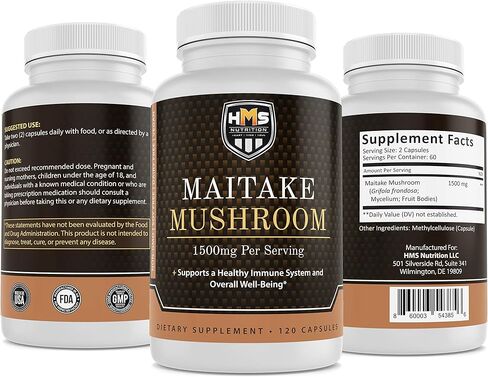 HMS Nutrition مايتاكي فطر - جريفولا فروندوسا - قوي 1500 مجم، 120 كبسولة نباتية، كمية تكفي لمدة شهرين، نباتي، غير معدّل وراثيًا in Kuwait