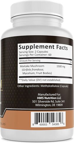 HMS Nutrition مايتاكي فطر - جريفولا فروندوسا - قوي 1500 مجم، 120 كبسولة نباتية، كمية تكفي لمدة شهرين، نباتي، غير معدّل وراثيًا in Kuwait