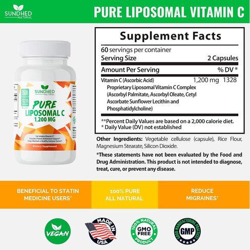 Pure Liposomal Vitamin C - 1200mg Immune System & Collagen Health Booster, Helps Anti Aging Skin Vitamins, Sodium Ascorbate, Sunflower Lecithin, Lypo Spheric - 60 Capsules in Saudi Arabia