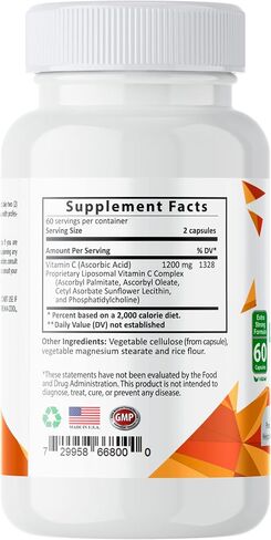 Pure Liposomal Vitamin C - 1200mg Immune System & Collagen Health Booster, Helps Anti Aging Skin Vitamins, Sodium Ascorbate, Sunflower Lecithin, Lypo Spheric - 60 Capsules in Saudi Arabia