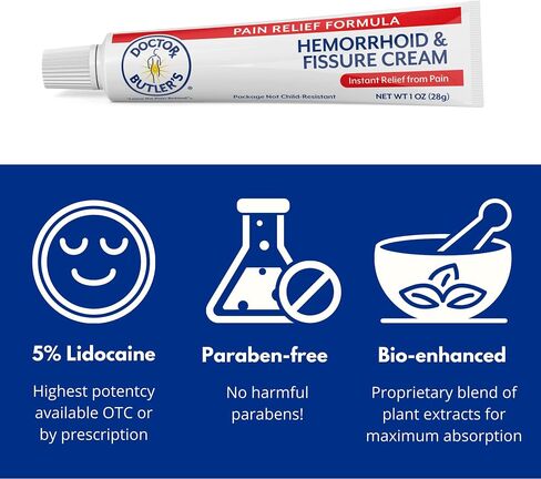 Doctor Butler's Hemorrhoid & Fissure Cream – Instant Pain Relief Hemorrhoid Treatment with Lidocaine, Fast Acting Hemorrhoid Cream for Relief from External Itching and Burning (1 oz.) in Kuwait