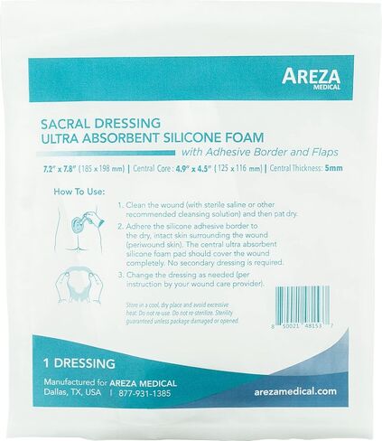 ضمادة إسفنجية من السيليكون فائقة الامتصاص من Areza بحدود (لاصق) مقاومة للماء مقاس 8 × 4 بوصة (20 سم × 10 سم) (رغوة مركزية فائقة الامتصاص 6.4 بوصة × 2.4 بوصة) 5 في كل صندوق (1) ضمادات جروح من Areza Medical in Kuwait