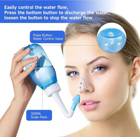 وعاء Koikey Neti، غسول الأنف لشطف الجيوب الأنفية 300 مل لري الأنف مع 30 عبوة ملح لغسل الأنف ومقياس حرارة ملصق، منظف لغسل الأنف، منظف الزجاجات، الري بالضغط للبالغين والأطفال، خالي من مادة BPA in Kuwait