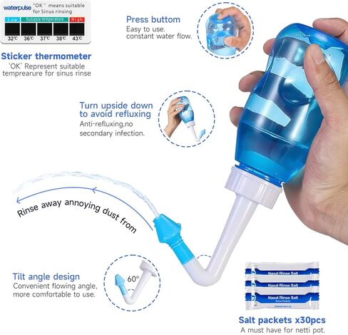 وعاء Koikey Neti، غسول الأنف لشطف الجيوب الأنفية 300 مل لري الأنف مع 30 عبوة ملح لغسل الأنف ومقياس حرارة ملصق، منظف لغسل الأنف، منظف الزجاجات، الري بالضغط للبالغين والأطفال، خالي من مادة BPA in Kuwait