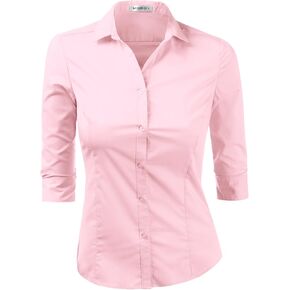 DOUBLJU Womens Basic Slim Fit y 3/4 Sleeve Button Down Collared Shirt with Plus Size in Kuwait