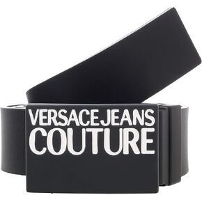 Versace Jeans Couture Black/White Leather Signature Print Plate Buckle-Adjustable Reversible Belt for Mens in Kuwait