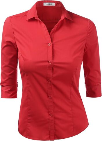 DOUBLJU Womens Basic Slim Fit y 3/4 Sleeve Button Down Collared Shirt with Plus Size in Saudi Arabia