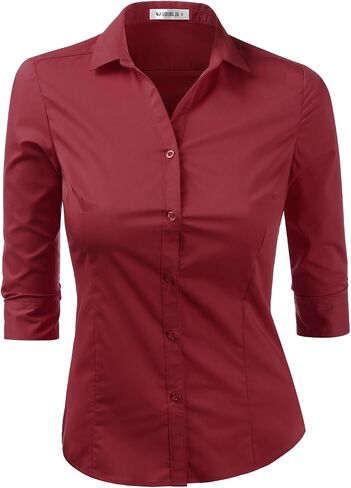 DOUBLJU Womens Basic Slim Fit y 3/4 Sleeve Button Down Collared Shirt with Plus Size in Saudi Arabia
