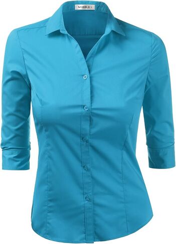 DOUBLJU Womens Basic Slim Fit y 3/4 Sleeve Button Down Collared Shirt with Plus Size in Saudi Arabia