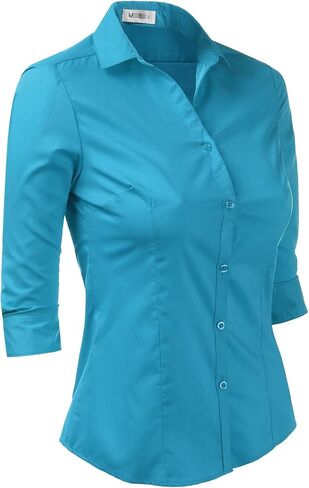 DOUBLJU Womens Basic Slim Fit y 3/4 Sleeve Button Down Collared Shirt with Plus Size in Saudi Arabia