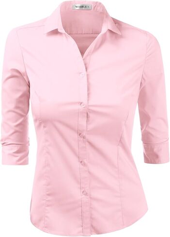 DOUBLJU Womens Basic Slim Fit y 3/4 Sleeve Button Down Collared Shirt with Plus Size in Kuwait