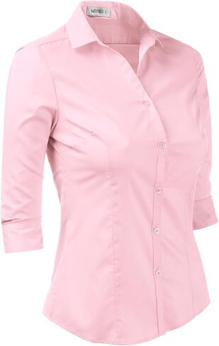 DOUBLJU Womens Basic Slim Fit y 3/4 Sleeve Button Down Collared Shirt with Plus Size in Kuwait