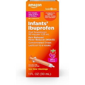 Amazon Basic Care Infants' Ibuprofen Oral Suspension Drops, 50 mg per 1.25 mL, Berry Flavor, For Minor Aches and Pains, Sore Throat, Headache Relief and More, 1 fluid Ounce in Kuwait