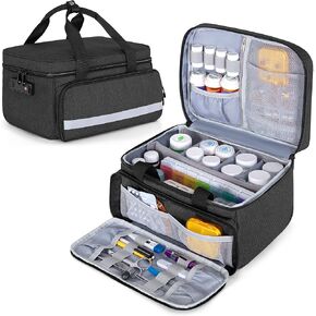 CURMIO Pill Bottle Organizer Bag with Lock, Medicine Organizer and Storage Case for Prescription Bottles, Empty First Aid Bag for Home and Travel, Black (Patented Design)