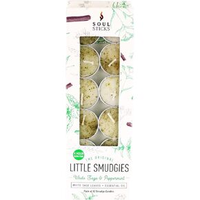 Soul Sticks 12 Pack Little Smudgies Tealight Candles Smudge Candle for Cleansing House, Meditation, Chakra Healing | Made with Crystals and Herbs (White Sage & Dragon's Blood)