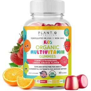 PLANT.O NUTRITION حلوى عضوية متعددة الفيتامينات للأطفال [فيتامينات لذيذة للأطفال من وزارة الزراعة الأمريكية] مع فيتامين C وD وA وB والزنك للمناعة والنمو والدماغ والطاقة والنباتية وخالية من الغلوتين، 60 قطعة مضغ in Kuwait