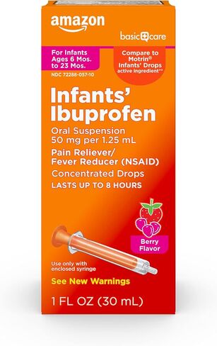 Amazon Basic Care Infants' Ibuprofen Oral Suspension Drops, 50 mg per 1.25 mL, Berry Flavor, For Minor Aches and Pains, Sore Throat, Headache Relief and More, 1 fluid Ounce in Kuwait
