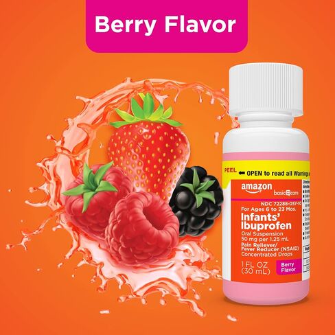 Amazon Basic Care Infants' Ibuprofen Oral Suspension Drops, 50 mg per 1.25 mL, Berry Flavor, For Minor Aches and Pains, Sore Throat, Headache Relief and More, 1 fluid Ounce in Kuwait