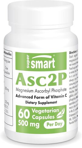 Supersmart - Asc2P 500 مجم يوميًا (فوسفات أسكوربيل المغنيسيوم) - مكمل مضاد للشيخوخة ومضاد للأكسدة - شكل قوي من فيتامين C | غير معدل وراثيًا وخالي من الغلوتين - 60 كبسولة نباتية in Saudi Arabia