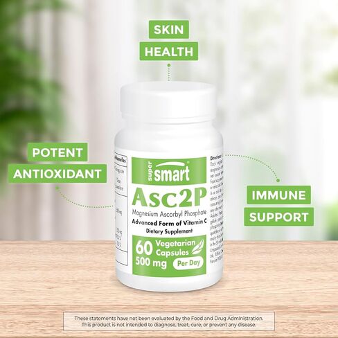 Supersmart - Asc2P 500 مجم يوميًا (فوسفات أسكوربيل المغنيسيوم) - مكمل مضاد للشيخوخة ومضاد للأكسدة - شكل قوي من فيتامين C | غير معدل وراثيًا وخالي من الغلوتين - 60 كبسولة نباتية in Saudi Arabia