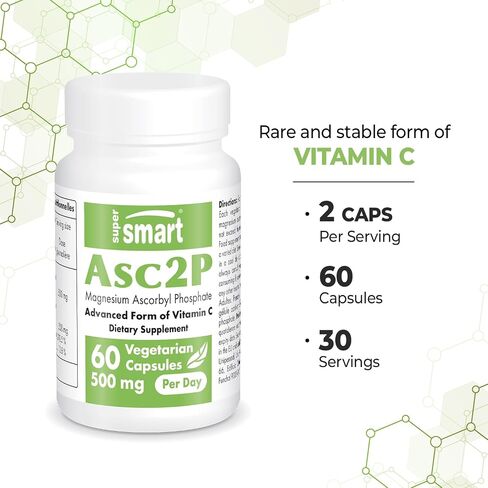 Supersmart - Asc2P 500 مجم يوميًا (فوسفات أسكوربيل المغنيسيوم) - مكمل مضاد للشيخوخة ومضاد للأكسدة - شكل قوي من فيتامين C | غير معدل وراثيًا وخالي من الغلوتين - 60 كبسولة نباتية in Saudi Arabia