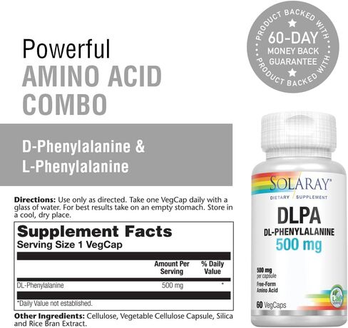 SOLARAY DL-Phenylalanine, 500mg | 50-50 Blend of Essential Amino Acids for Nervous System, Mood & Energy Support | 60 VegCaps in Saudi Arabia