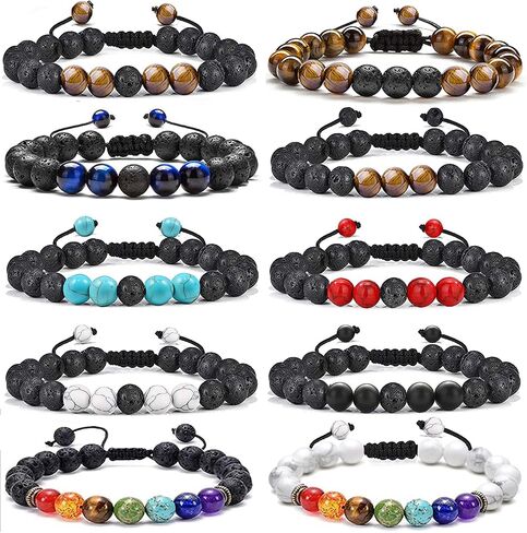 Jewdreamer 10Pcs Natural Stone Lava Rock Beaded Bracelets for Men Women 8mm Chakra Beads Essential Oil Diffuser Bracelets Tiger Eye Anxiety Stress Relief Bracelets Pack in Saudi Arabia